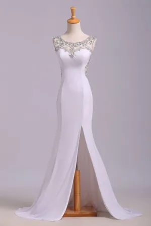 White Mermaid Sleeveless Split Prom Sequins Sweep Train Dress with Rhinestones