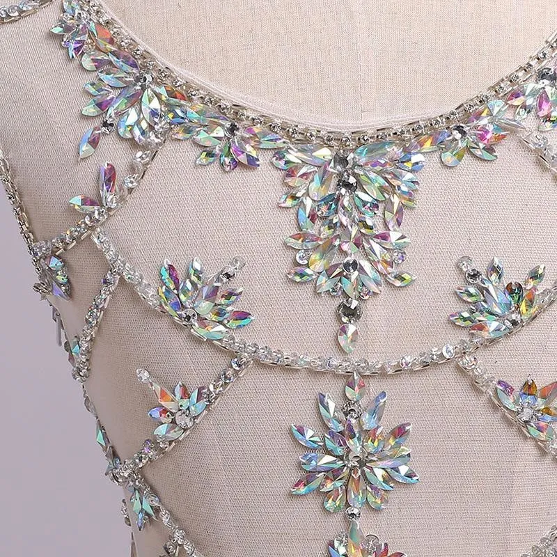 White Mermaid Sleeveless Split Prom Sequins Sweep Train Dress with Rhinestones
