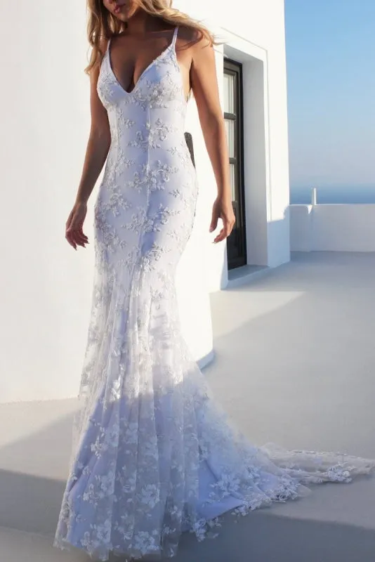White Spaghetti Strap V Neck Mermaid Sexy Backless Lace Prom Dress