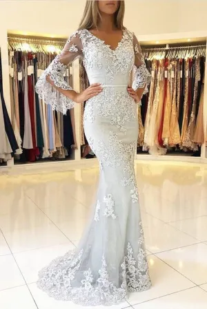 White V Neck Long Prom Mermaid Lace Appliqued Evening Dress with Sleeves