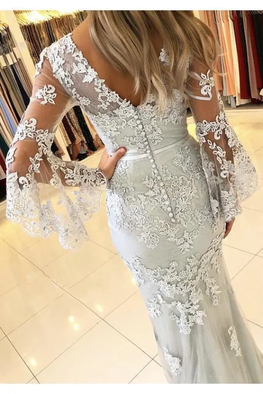 White V Neck Long Prom Mermaid Lace Appliqued Evening Dress with Sleeves