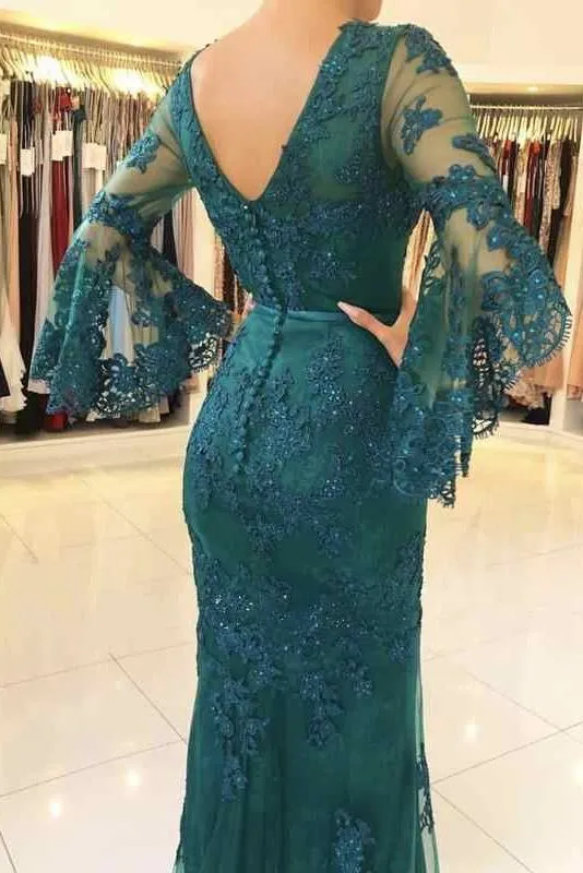 White V Neck Long Prom Mermaid Lace Appliqued Evening Dress with Sleeves