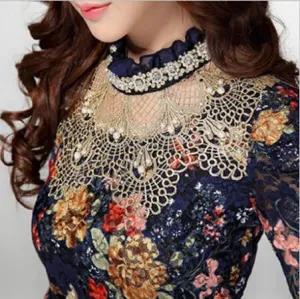 Women Fashion Lace Floral Patchwork Sweet Diamond beaded Stand Long Sleeve Slim Lace Shirt Blouse Casual Tops