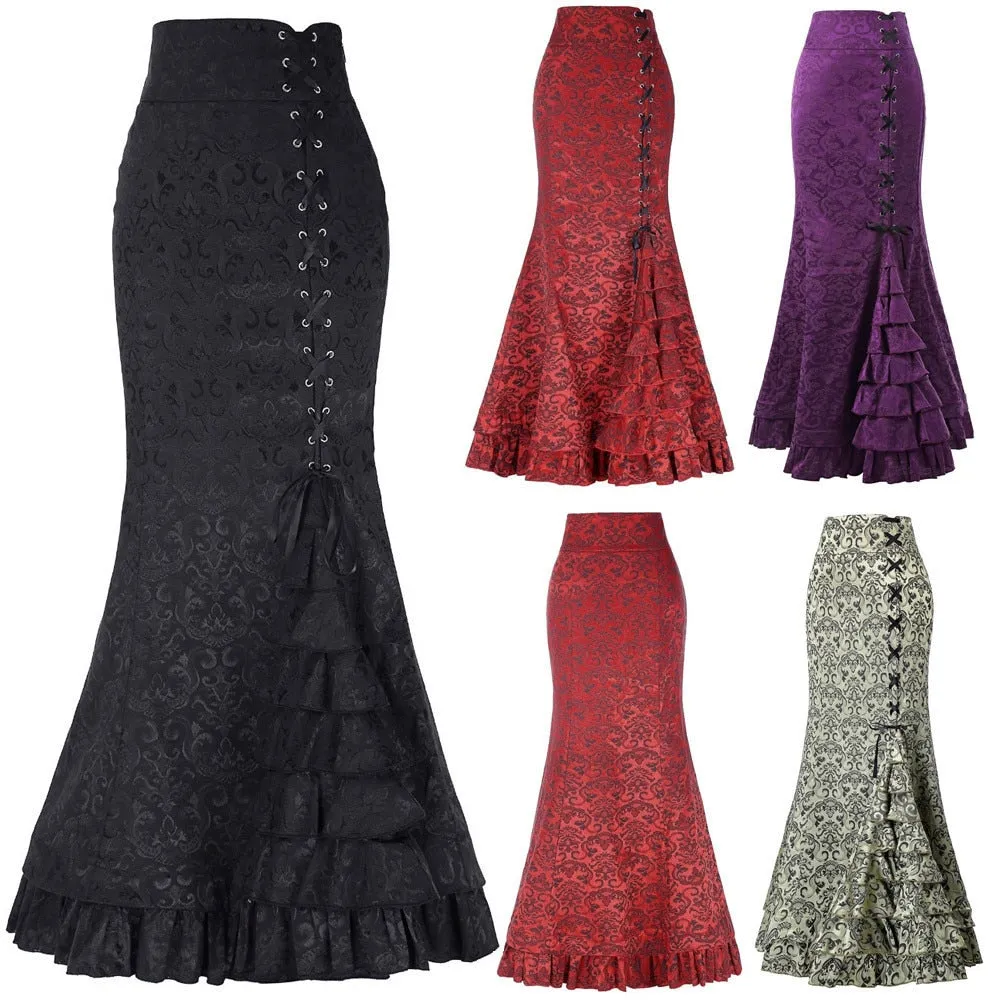 Women Skirts Punk Style Korean Retro ModisMermaid Skirt Vintage Long Bodycon Ruffle Fishtail Skirt Faldas Largas Mujer Long skir