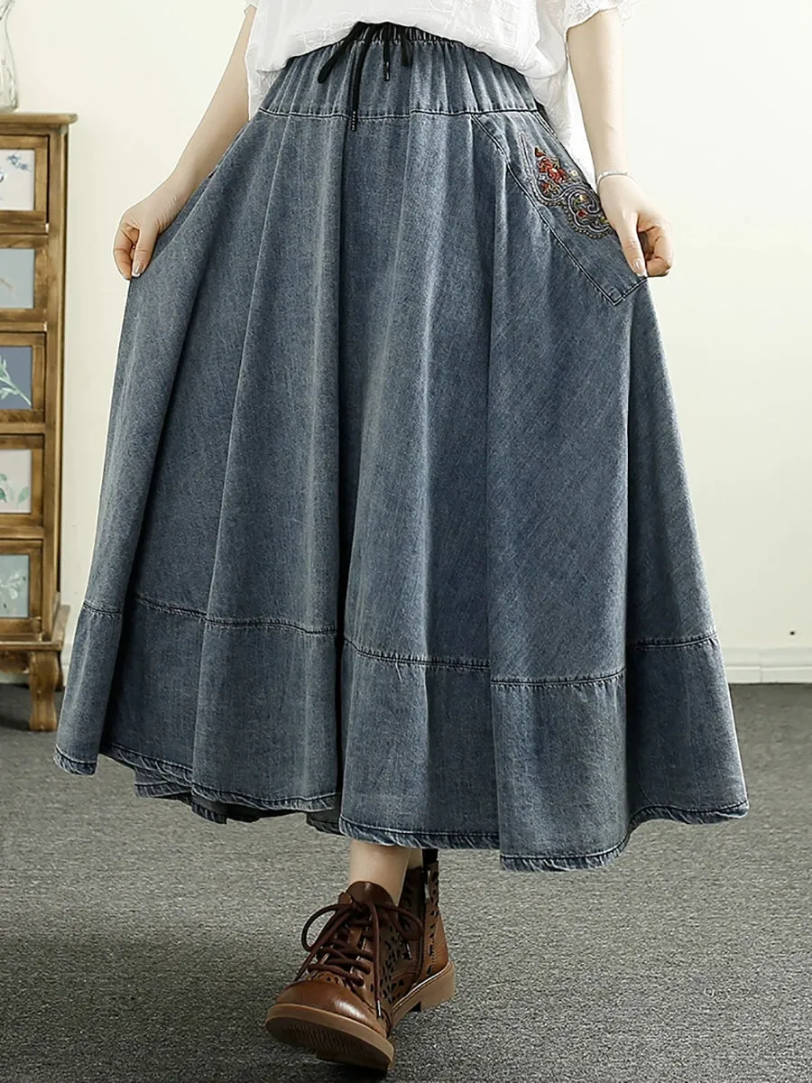 Women Spring Retro Embroidery A-Shape Denim Skirt