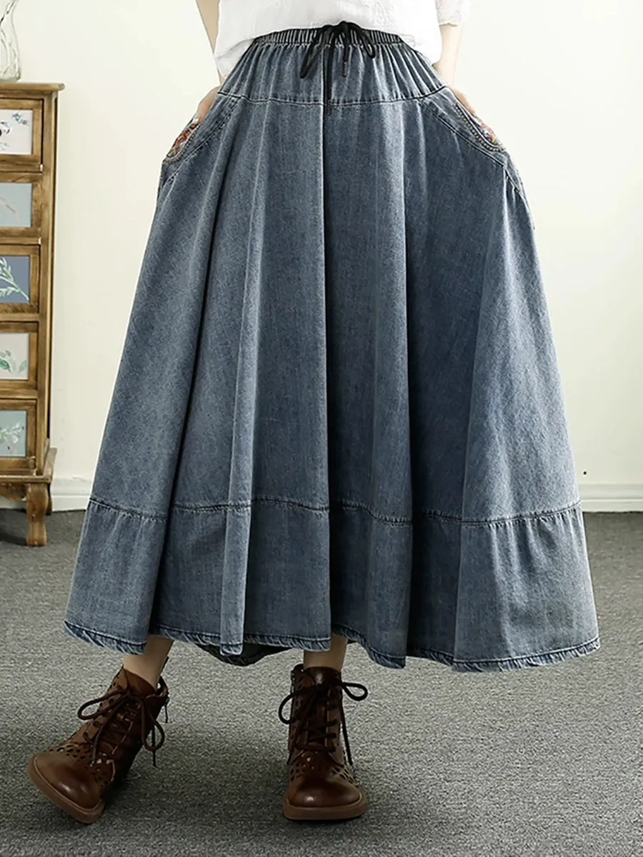 Women Spring Retro Embroidery A-Shape Denim Skirt