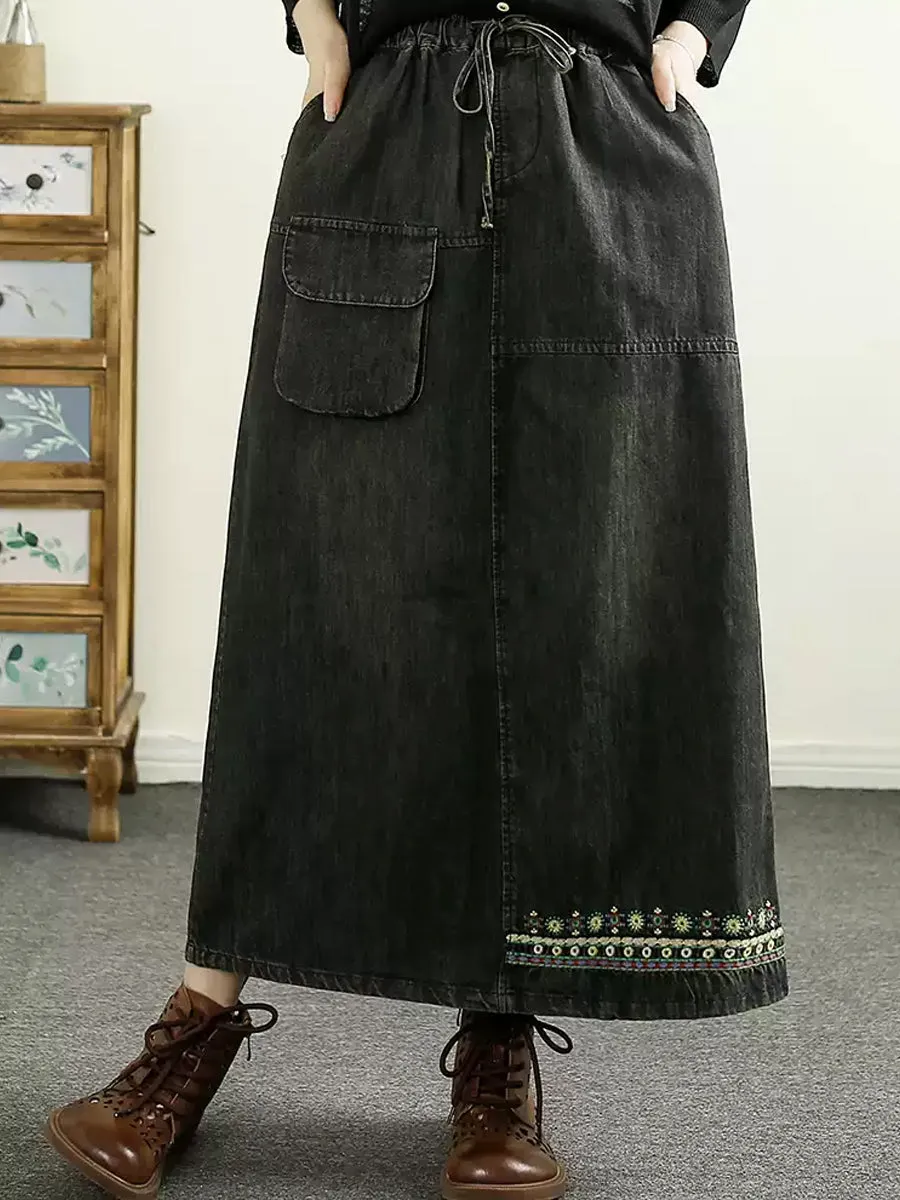 Women Spring Retro Embroidery A-Shape Denim Skirt