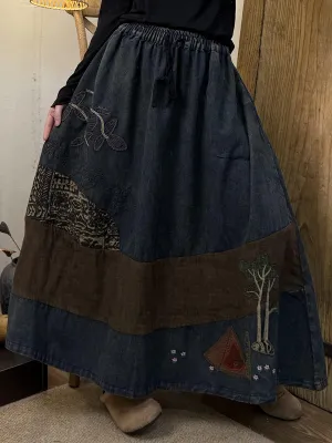 Women Spring Retro Patch Spliced Denim Skirt