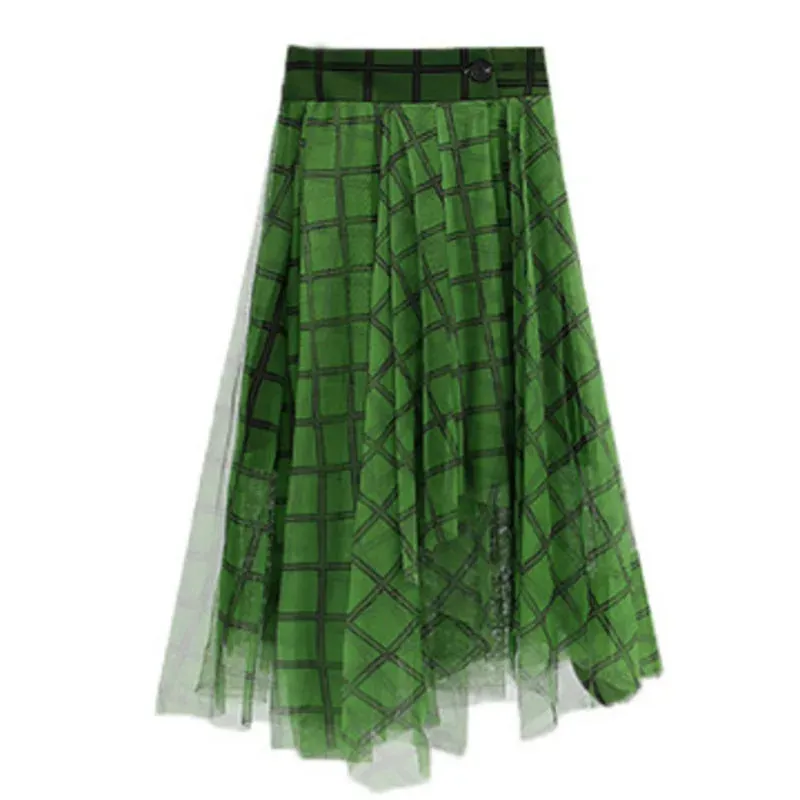 Women's Green Plaid Tulle Print Skirt Asymmetric Elastic Waist Streetwear A-line Midi Layered Skirt