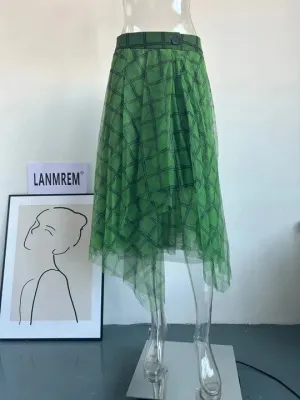 Women's Green Plaid Tulle Print Skirt Asymmetric Elastic Waist Streetwear A-line Midi Layered Skirt