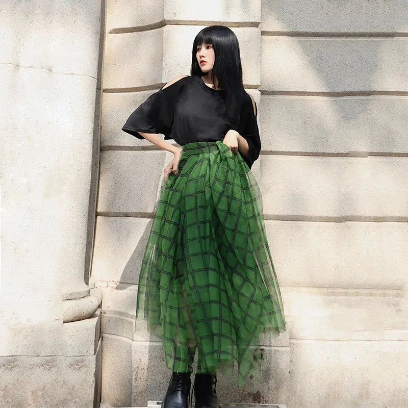 Women's Green Plaid Tulle Print Skirt Asymmetric Elastic Waist Streetwear A-line Midi Layered Skirt