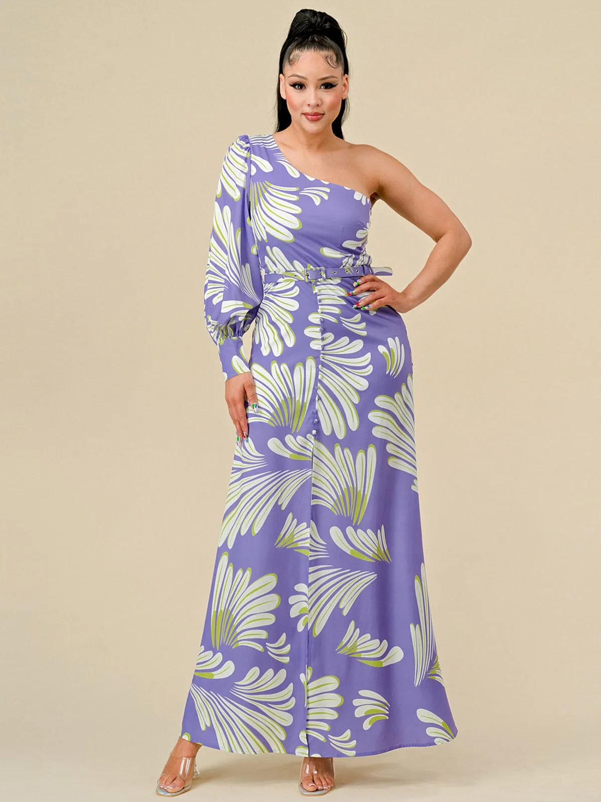 WOMEN'S LON SLEEVE ONE SHOULDER MULTI PRINT BELTED MAXI DRESS