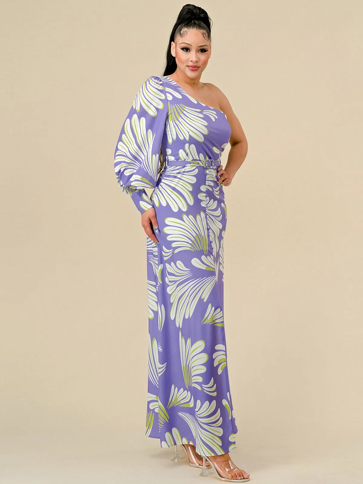 WOMEN'S LON SLEEVE ONE SHOULDER MULTI PRINT BELTED MAXI DRESS