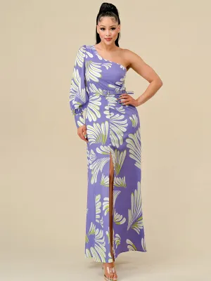 WOMEN'S LON SLEEVE ONE SHOULDER MULTI PRINT BELTED MAXI DRESS