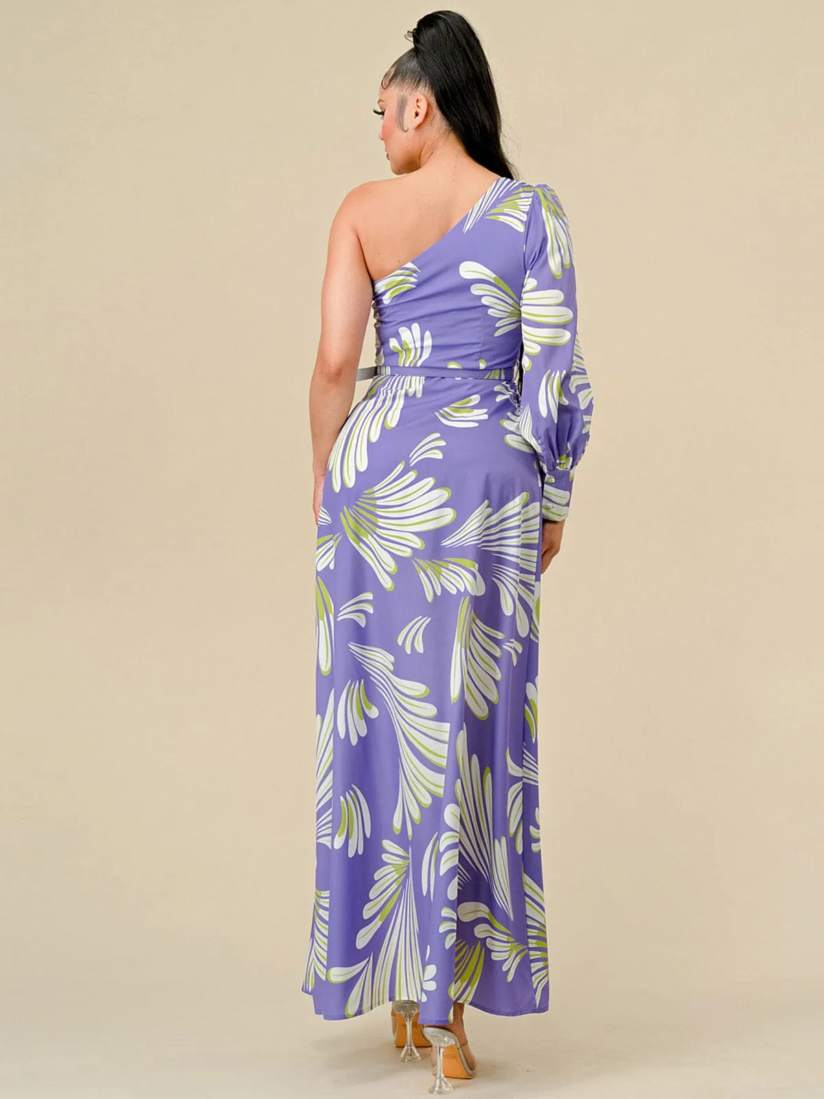 WOMEN'S LON SLEEVE ONE SHOULDER MULTI PRINT BELTED MAXI DRESS