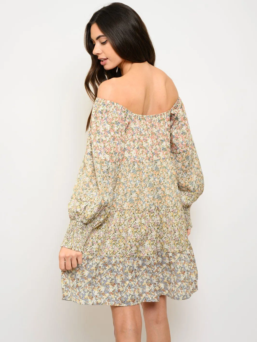WOMEN'S LONG SLEEVE FLORAL OFF SHOULDER MINI DRESS
