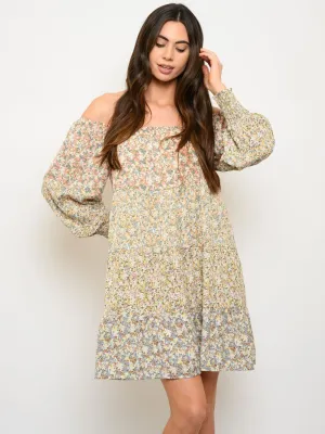 WOMEN'S LONG SLEEVE FLORAL OFF SHOULDER MINI DRESS