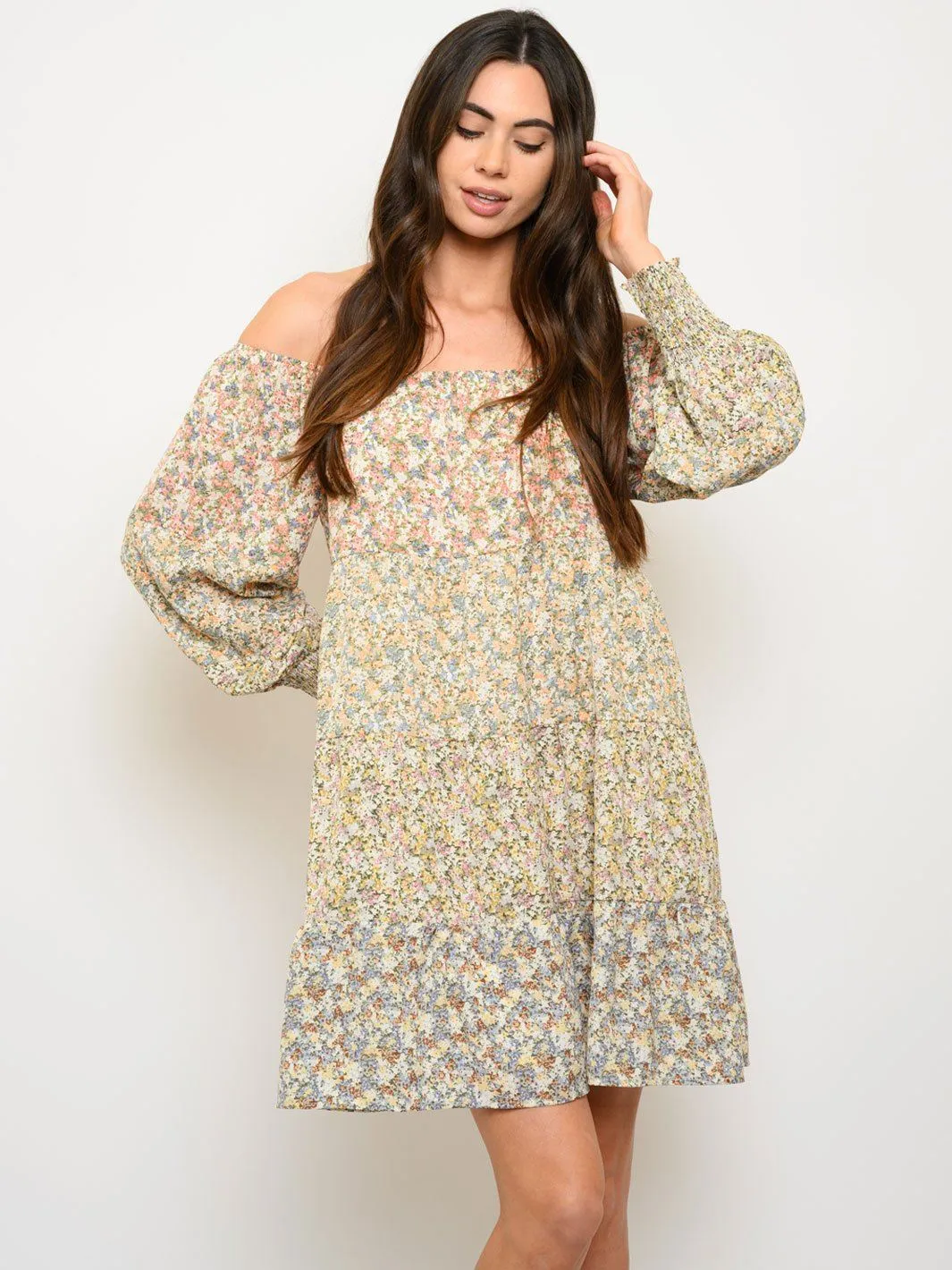 WOMEN'S LONG SLEEVE FLORAL OFF SHOULDER MINI DRESS