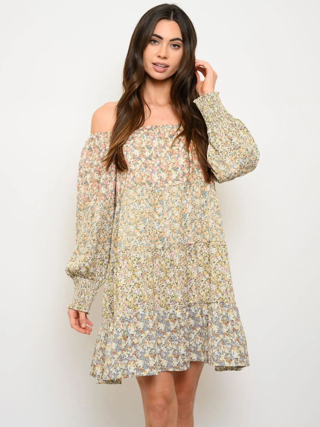 WOMEN'S LONG SLEEVE FLORAL OFF SHOULDER MINI DRESS