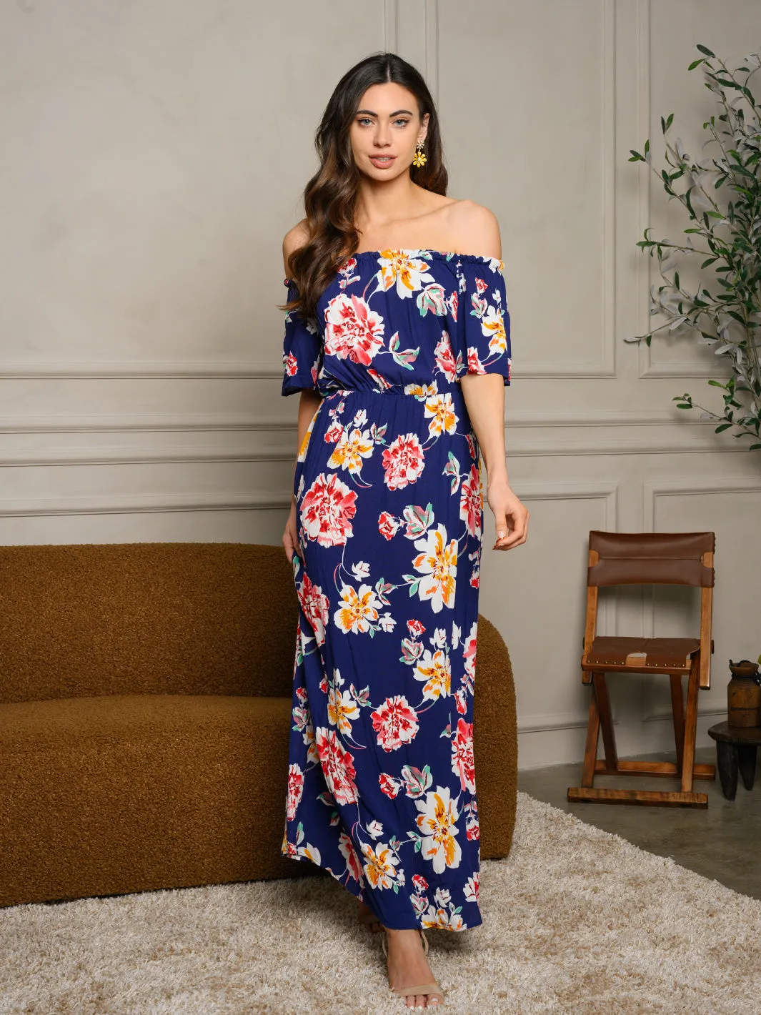 WOMEN'S OFF SHOULDER RUFFLE FLORAL MAXI DRESS