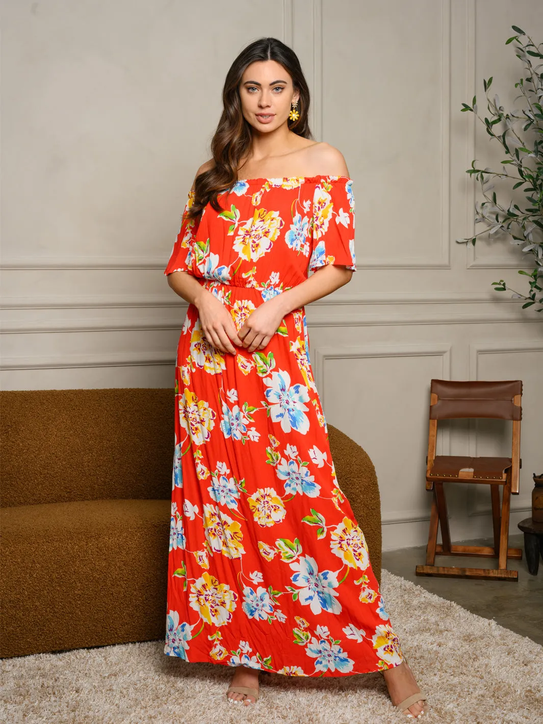 WOMEN'S OFF SHOULDER RUFFLE FLORAL MAXI DRESS