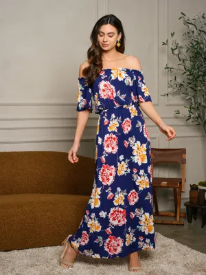 WOMEN'S OFF SHOULDER RUFFLE FLORAL MAXI DRESS