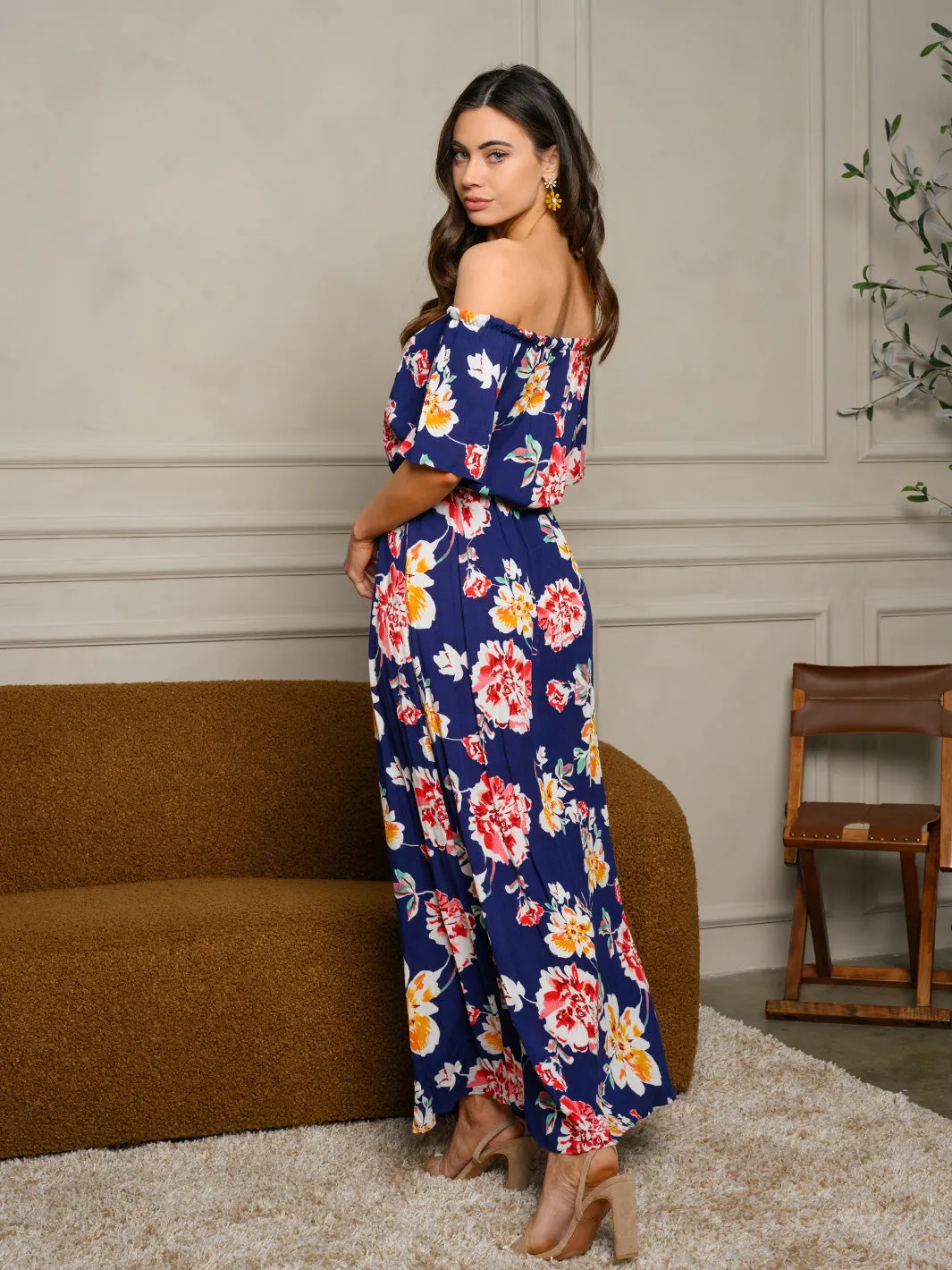 WOMEN'S OFF SHOULDER RUFFLE FLORAL MAXI DRESS