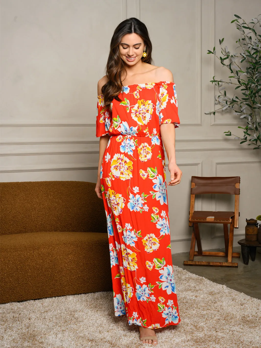 WOMEN'S OFF SHOULDER RUFFLE FLORAL MAXI DRESS