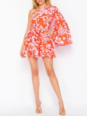 WOMEN'S ONE SHOULDER BELL SLEEVE LEAF PRINT ROMPER