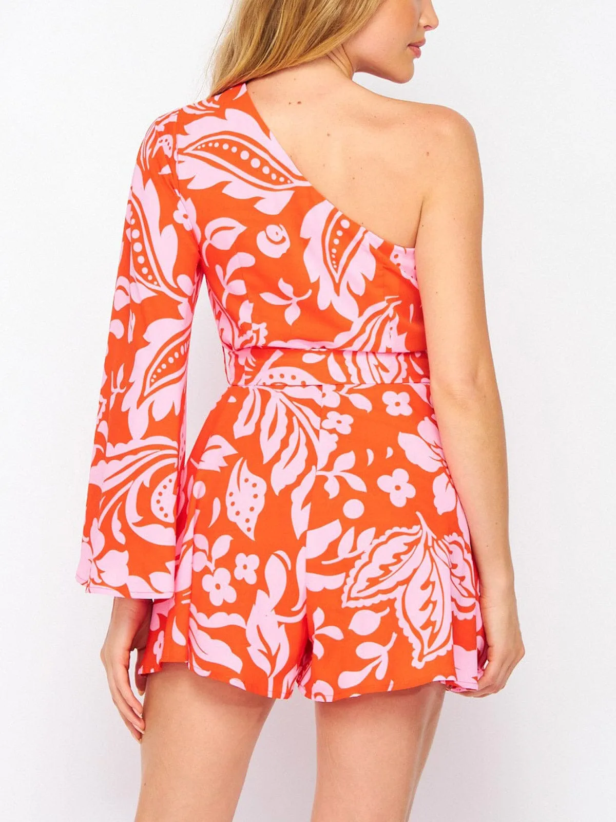 WOMEN'S ONE SHOULDER BELL SLEEVE LEAF PRINT ROMPER