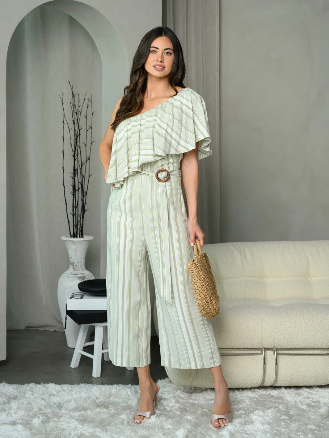 WOMEN'S ONE SHOULDER CROPPED STRIPE JUMPSUIT