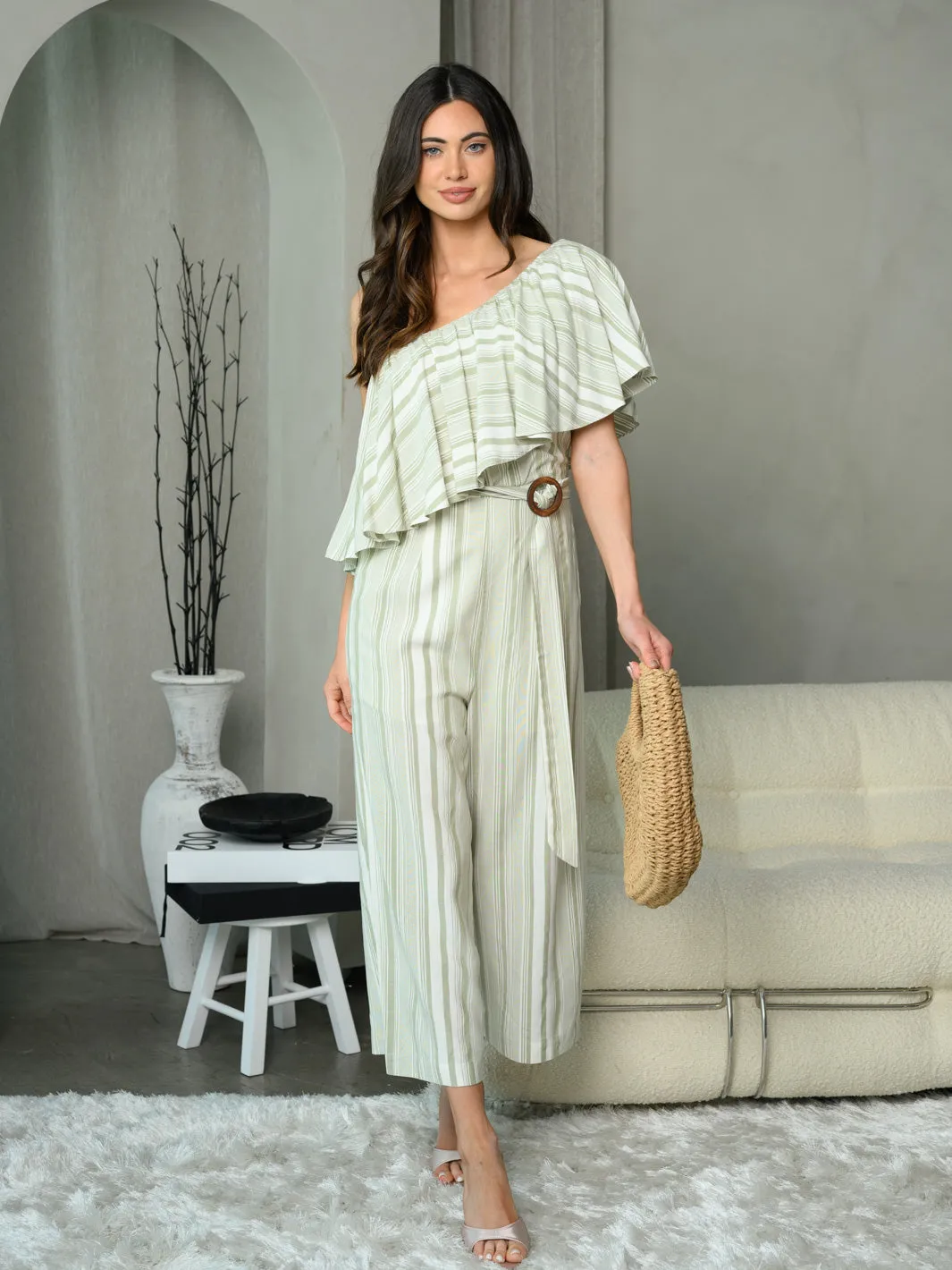 WOMEN'S ONE SHOULDER CROPPED STRIPE JUMPSUIT