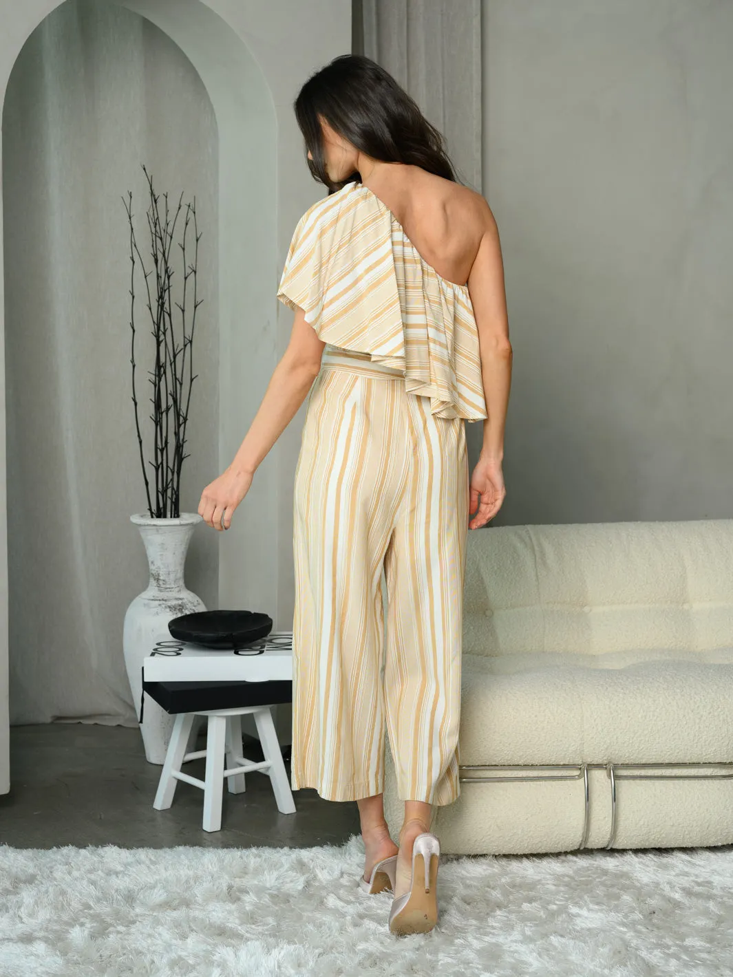 WOMEN'S ONE SHOULDER CROPPED STRIPE JUMPSUIT