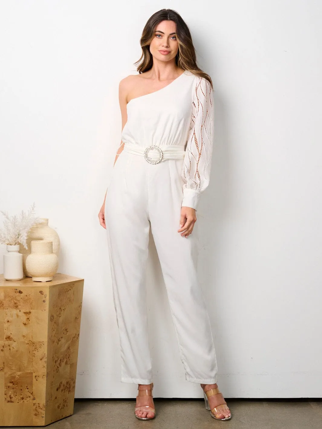 WOMEN'S ONE SHOULDER FRONT BELT SKINNY LEG JUMPSUIT