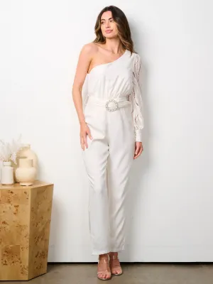 WOMEN'S ONE SHOULDER FRONT BELT SKINNY LEG JUMPSUIT