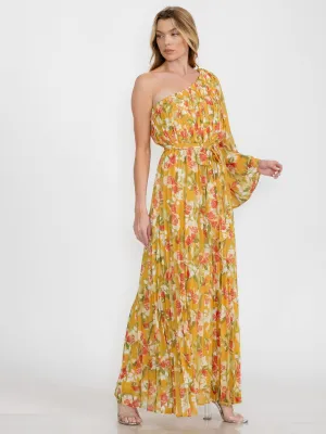 WOMEN'S ONE SHOULDER LONG SLEEVE TIE FLORAL MAXI DRESS