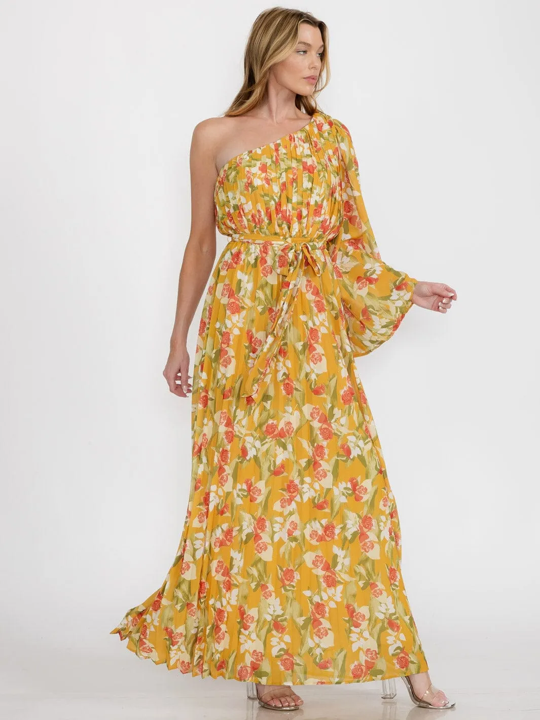 WOMEN'S ONE SHOULDER LONG SLEEVE TIE FLORAL MAXI DRESS