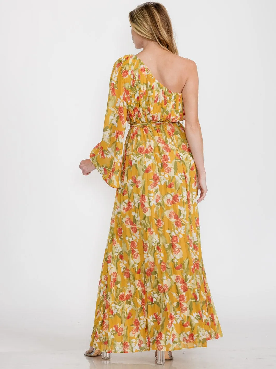 WOMEN'S ONE SHOULDER LONG SLEEVE TIE FLORAL MAXI DRESS