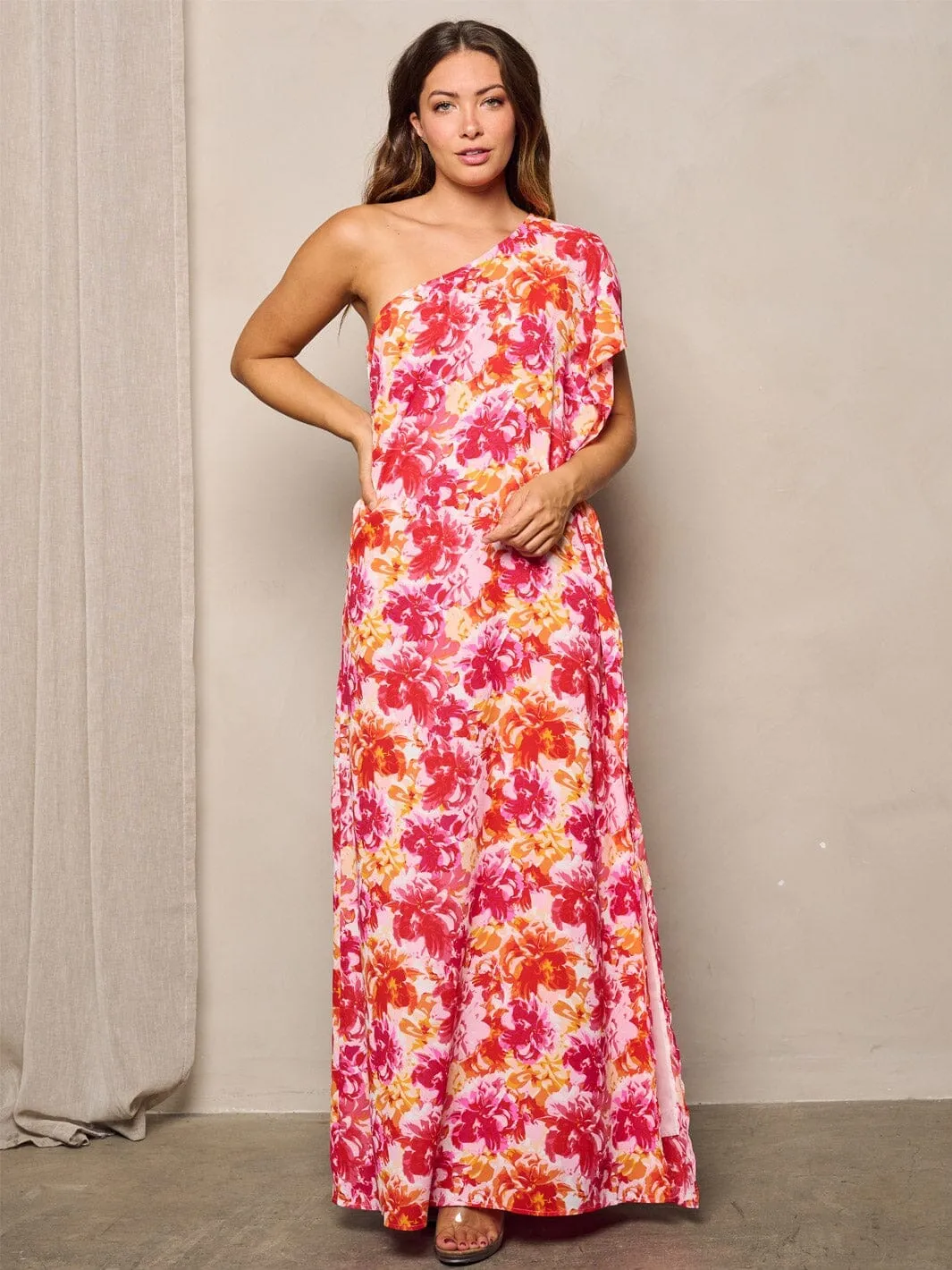 WOMEN'S ONE SHOULDER RUFFLE FLORAL MAXI DRESS
