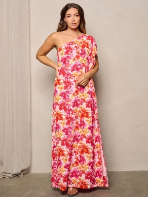 WOMEN'S ONE SHOULDER RUFFLE FLORAL MAXI DRESS