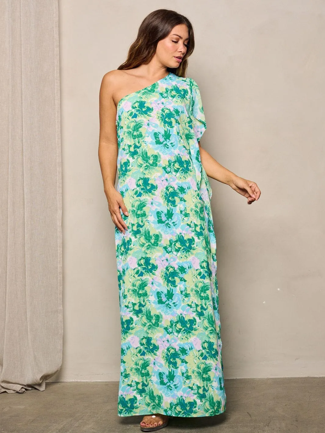 WOMEN'S ONE SHOULDER RUFFLE FLORAL MAXI DRESS