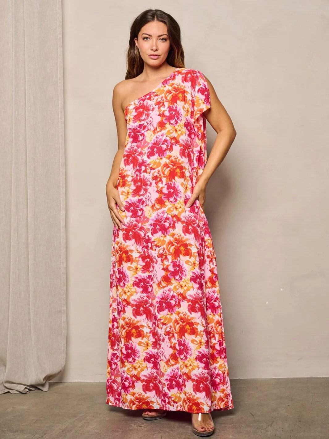 WOMEN'S ONE SHOULDER RUFFLE FLORAL MAXI DRESS