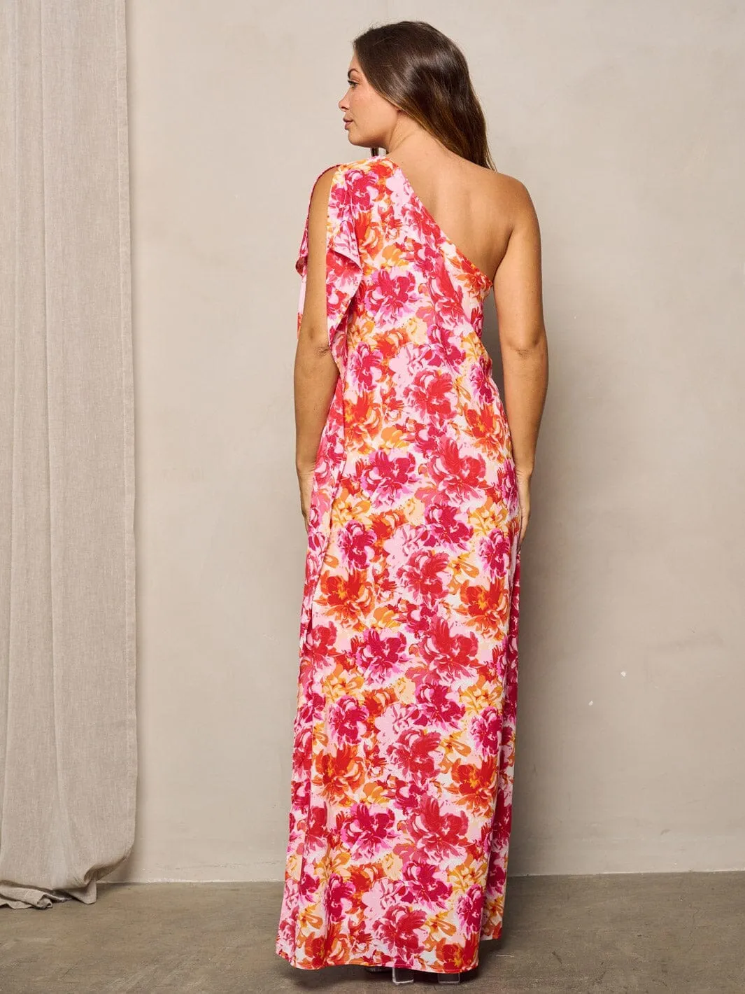 WOMEN'S ONE SHOULDER RUFFLE FLORAL MAXI DRESS
