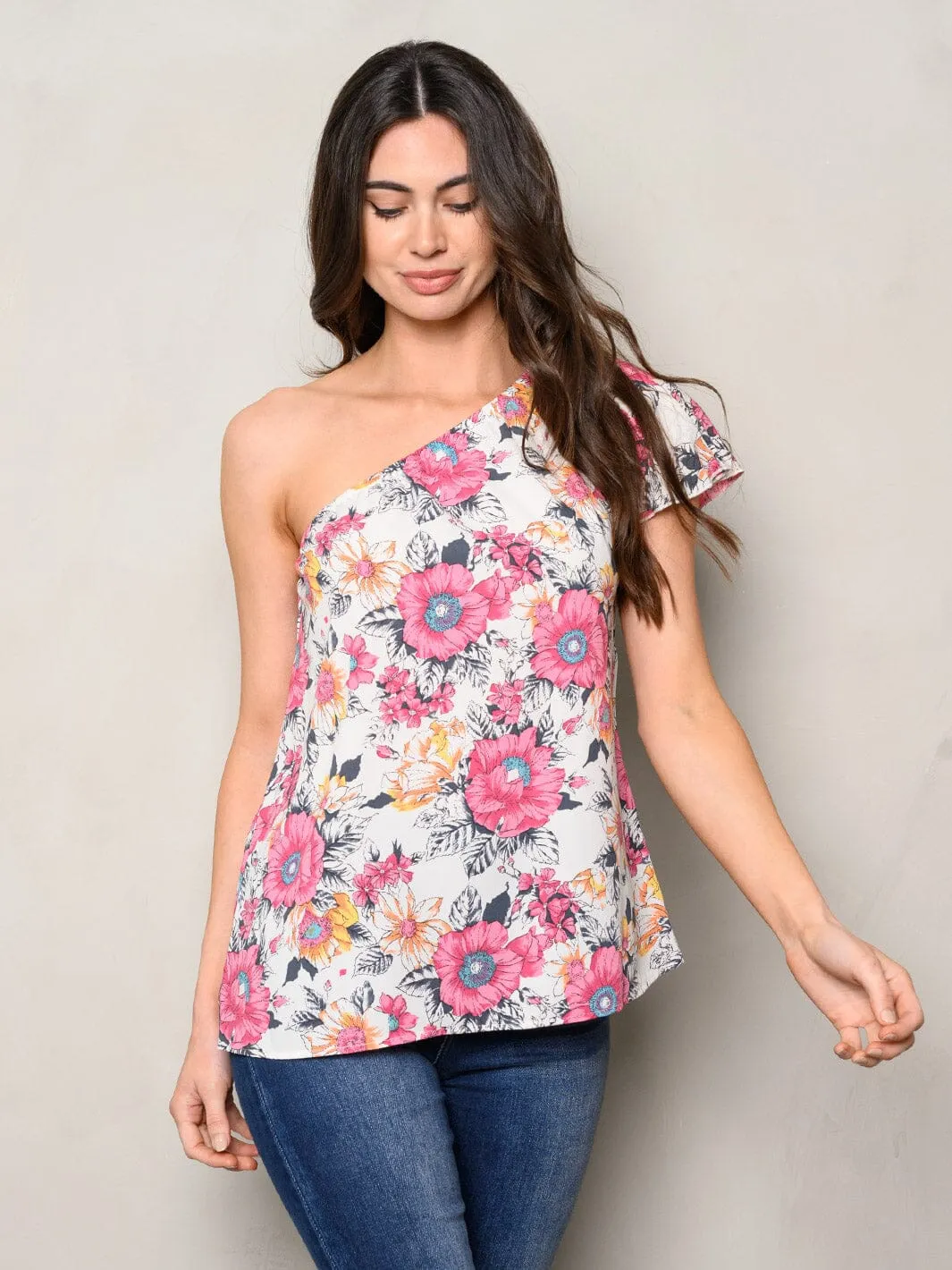 WOMEN'S ONE SHOULDER RUFFLE FLORAL TOP