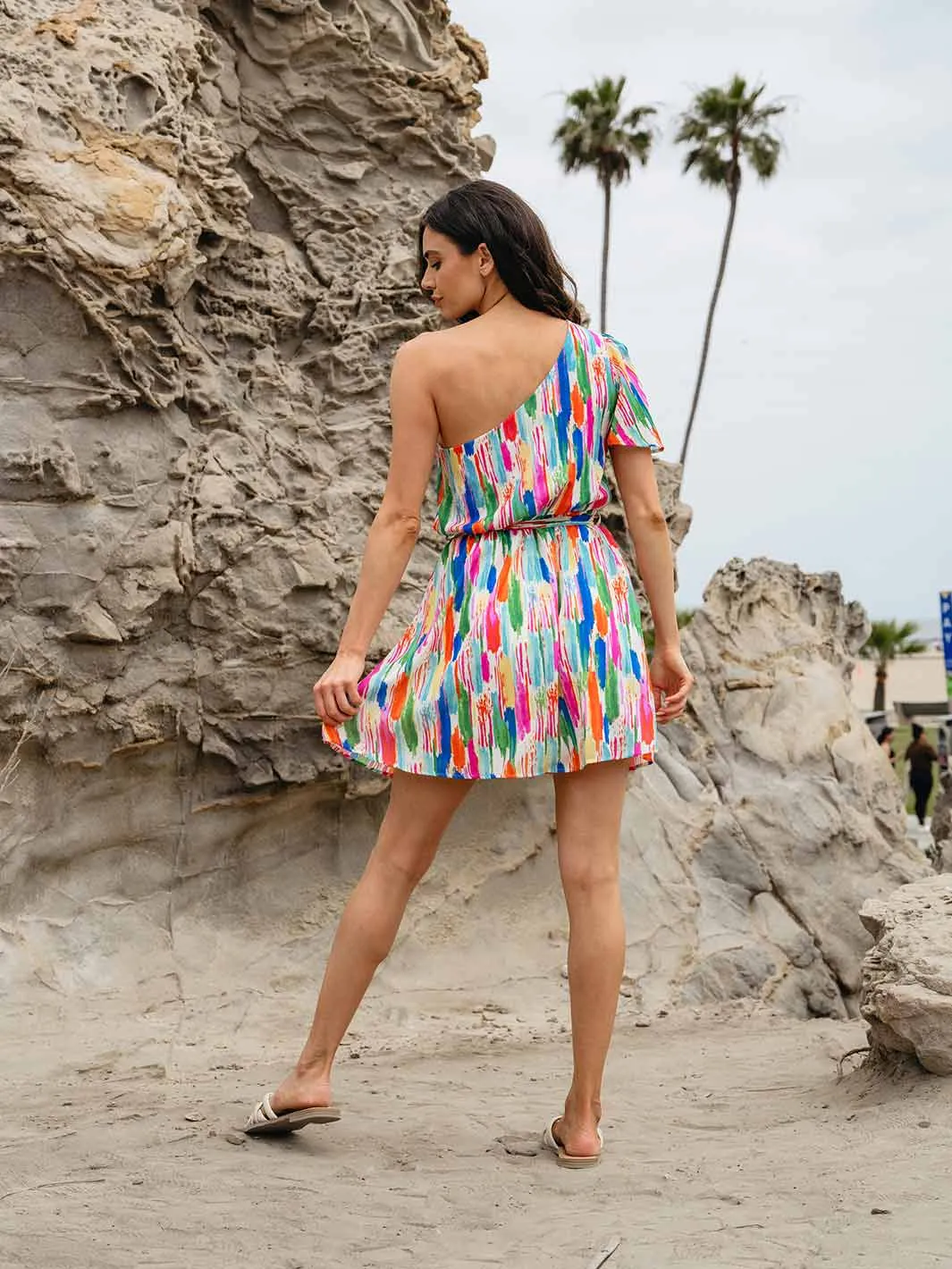 WOMEN'S ONE SHOULDER SELF TIE MULTI PRINT MINI DRESS