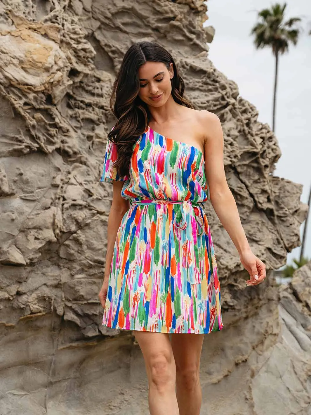WOMEN'S ONE SHOULDER SELF TIE MULTI PRINT MINI DRESS