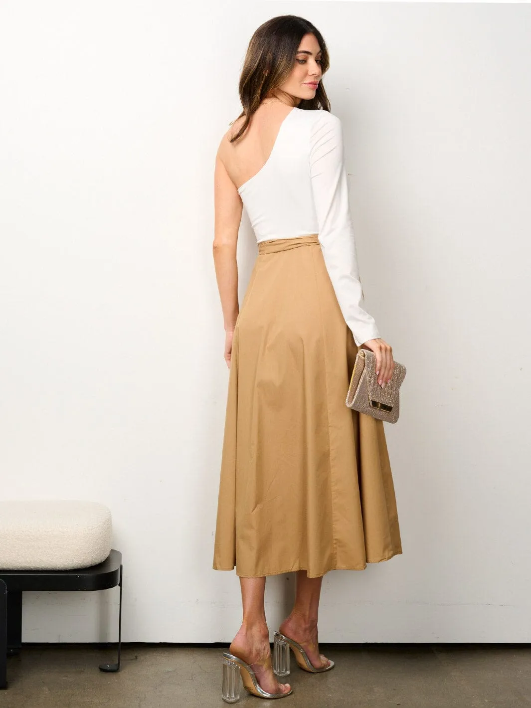 WOMEN'S ONE SHOULDER SELF TIE POCKETS COLORBLOCK MIDI DRESS