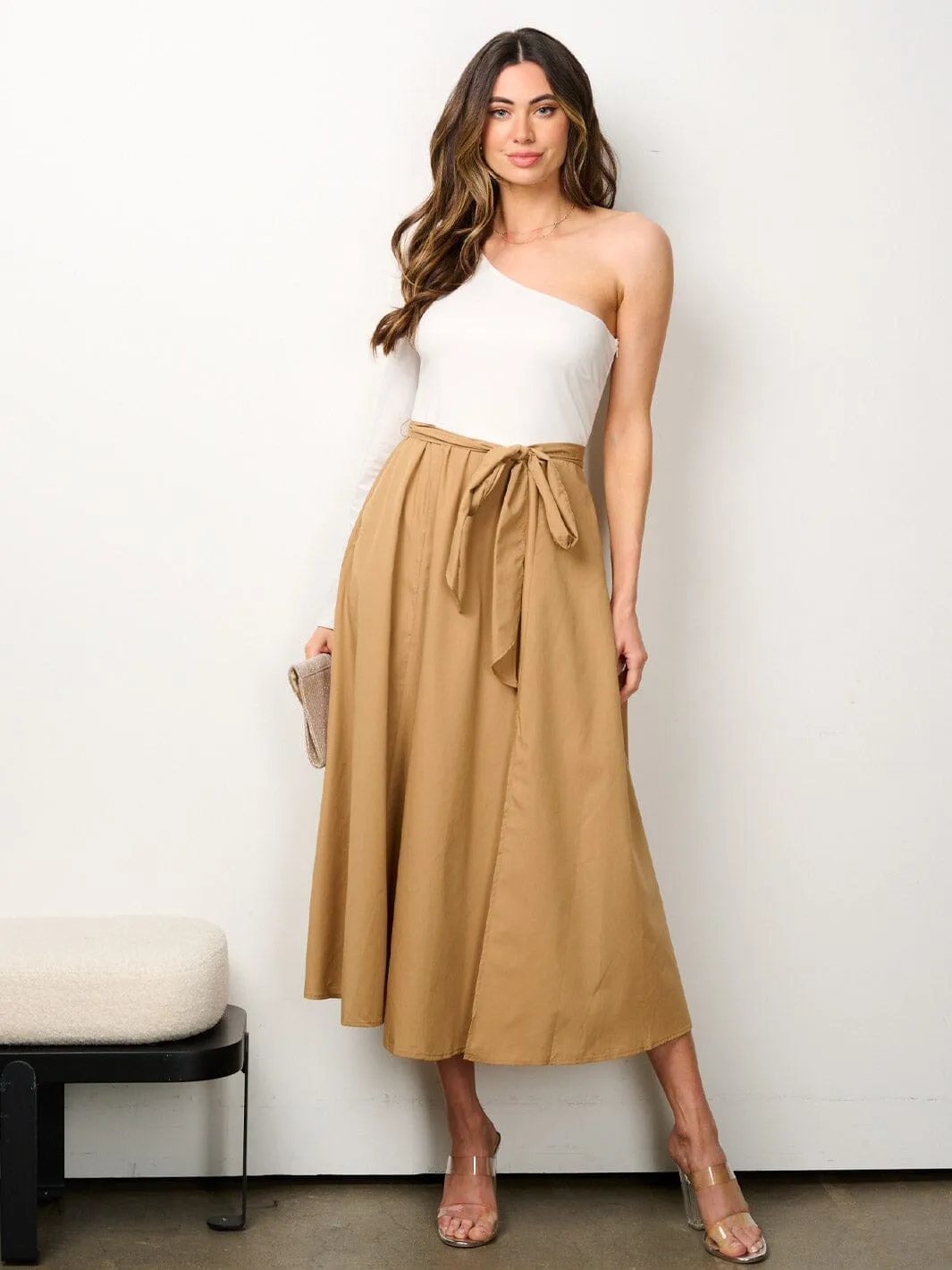 WOMEN'S ONE SHOULDER SELF TIE POCKETS COLORBLOCK MIDI DRESS