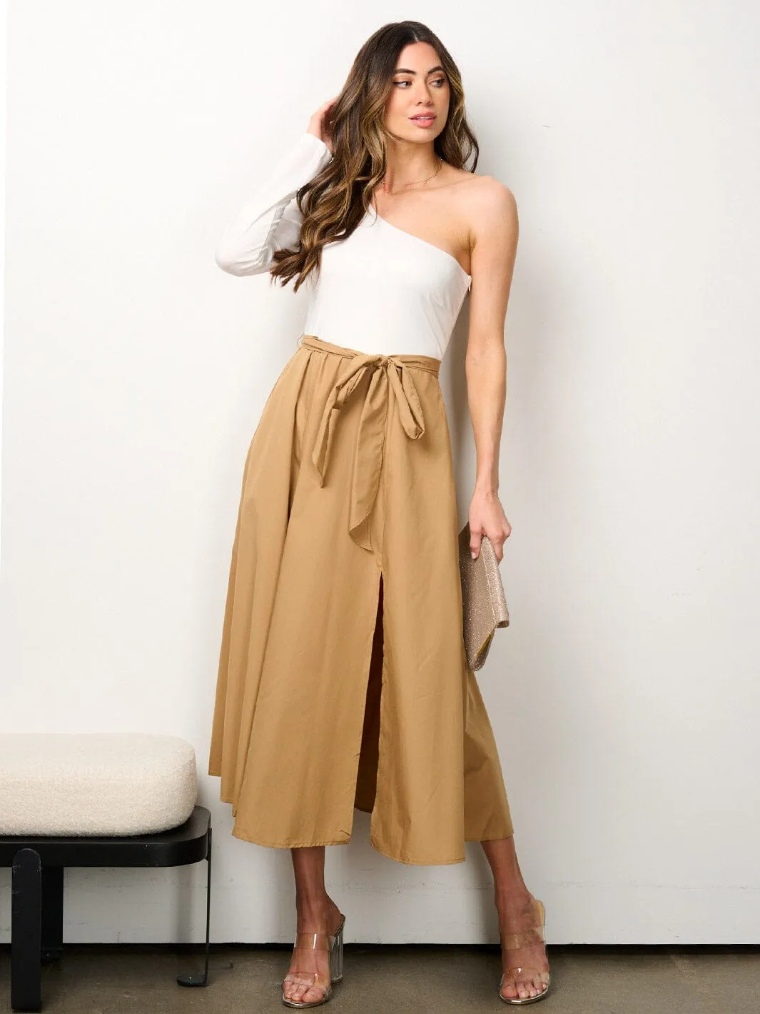 WOMEN'S ONE SHOULDER SELF TIE POCKETS COLORBLOCK MIDI DRESS