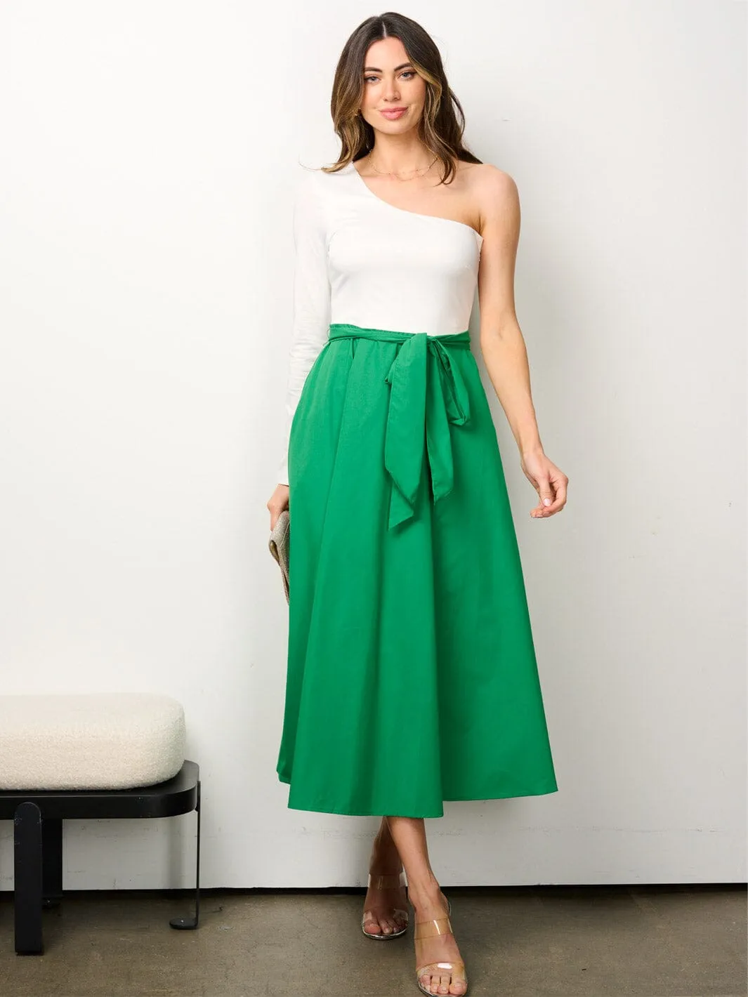 WOMEN'S ONE SHOULDER SELF TIE POCKETS COLORBLOCK MIDI DRESS